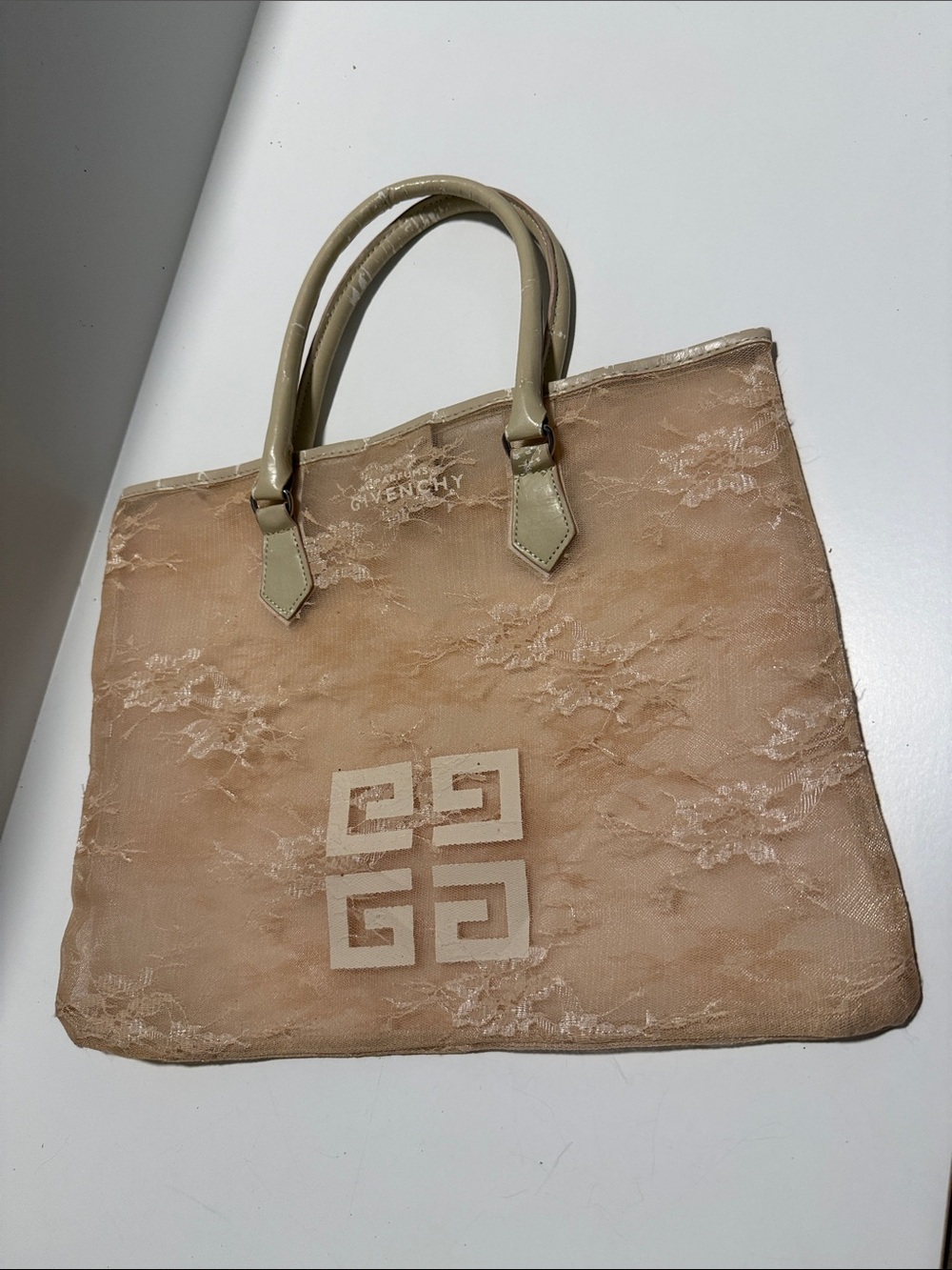 Givenchy Lace-Overlay Tote in Light Beige with Cream Handles